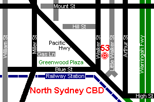Downtown North Sydney CBD Locality Map showing Walker St with nearby parallel & cross streets including Pacific Hwy, Mount St, Blue St, Arthur St, North Sydney Railway Station & Greenwood Plaza. Sydney Harbour Bridge & City are located to the south, St Leonards and Chatswood to the North, click on map to view in Google Maps